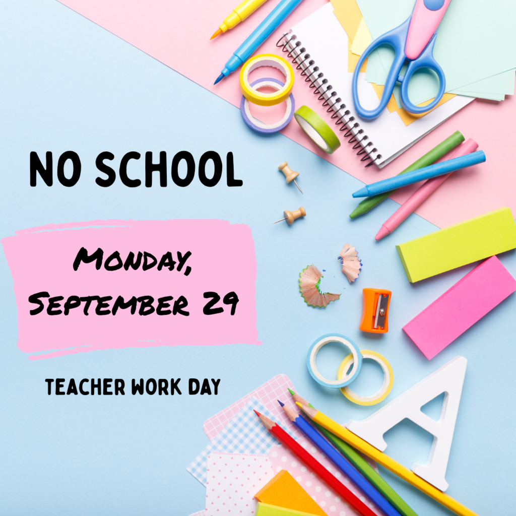 Blue and yellow background with colorful school supplies along the right side. 