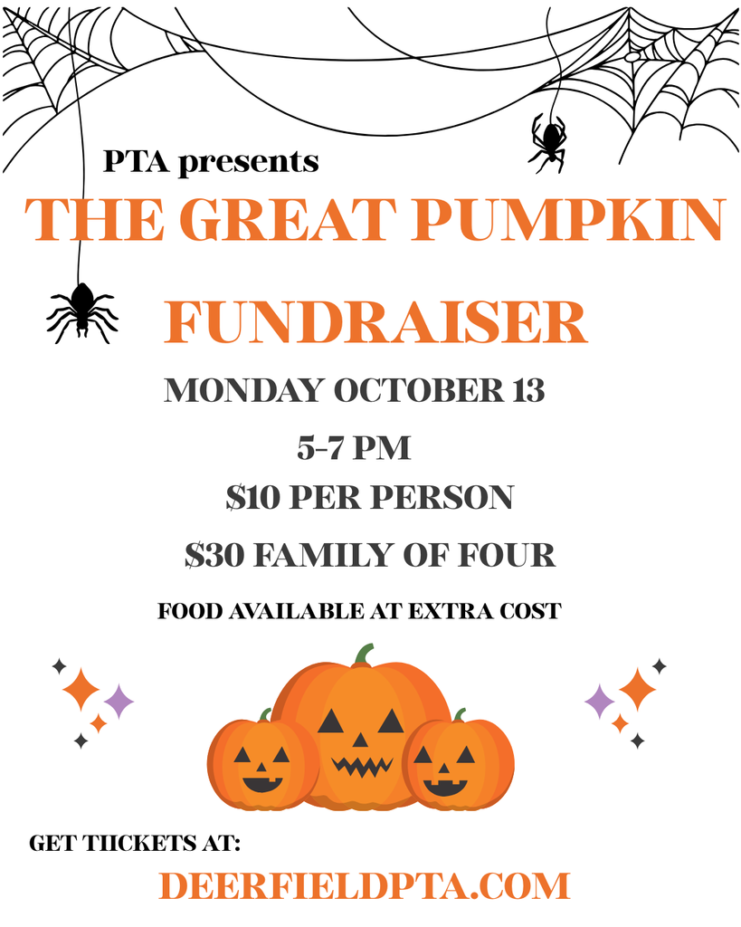 Spider and pumpkin graphics with info about the PTA Great Pumpkin fundraiser on Monday Oct 13.
