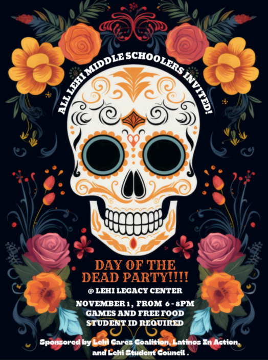 White Skull with Latino decorations. Dark background with many flowers.