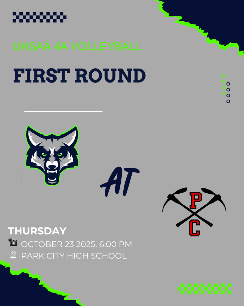 Graphic announcing the UHSAA 4A Volleyball First Round match. The Timpanogos T-Wolves logo is on the left and the Park City Miners logo is on the right with the word ‘AT’ between them. Text reads: ‘UHSAA 4A Volleyball — First Round.’ At the bottom, it says: ‘Thursday, October 23, 2025, 6:00 PM — Park City High School.’ The background is gray with navy and neon green accents.