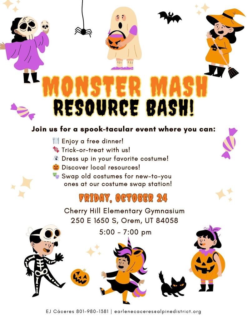 Monster Mash event on Friday, Oct 27th from 5-7pm. Free dinner, local resources, trick or trreating, and more!