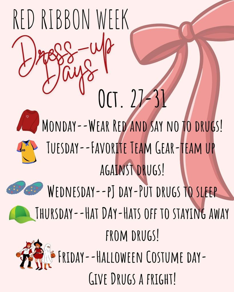 Image showing a red ribbon and the schedule for ribbon week dress up days.