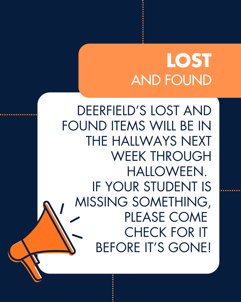 Blue background with boxes, and Lost and Found info- please come to the school next week before it's cleared away.