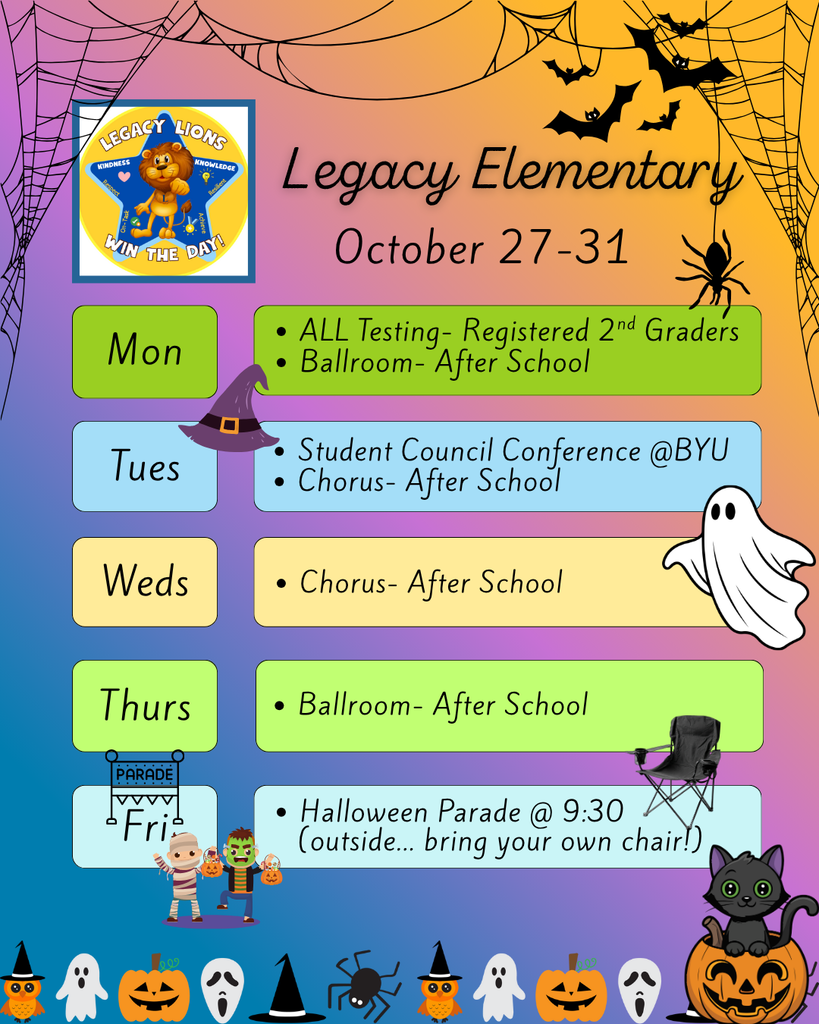 Legacy Weekly Events for October 27-31. Happy Halloween!
