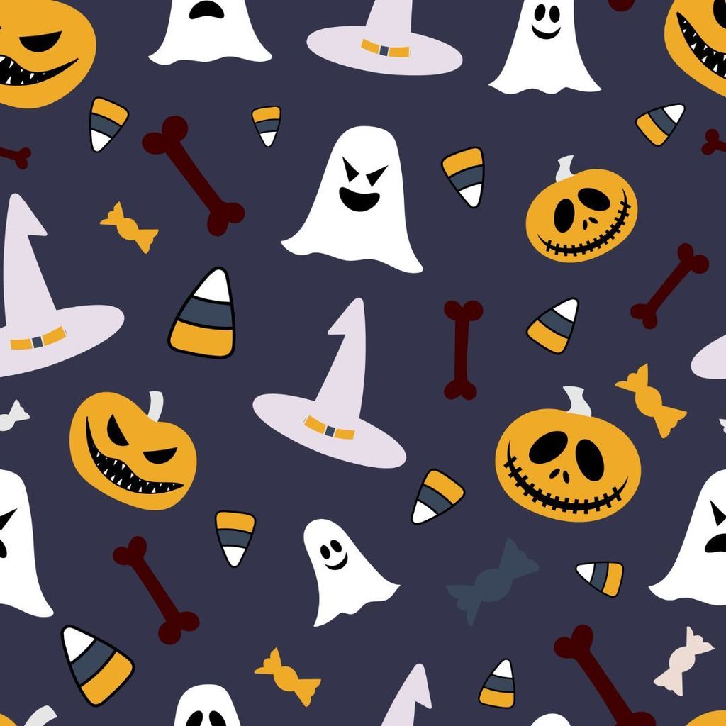 Halloween background with hats, ghosts, jack-o-lanterns.