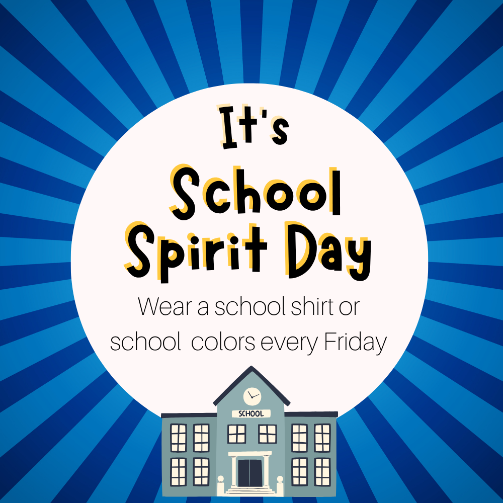 Blue sunburst background with school house announcing spiriti Fridays