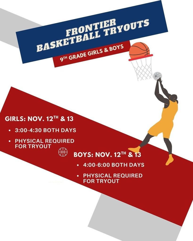 a flyer for basketball tryouts that has a red and blue stipe with a clip art man wearing yellow going up for a shot on a basketball hoop. 