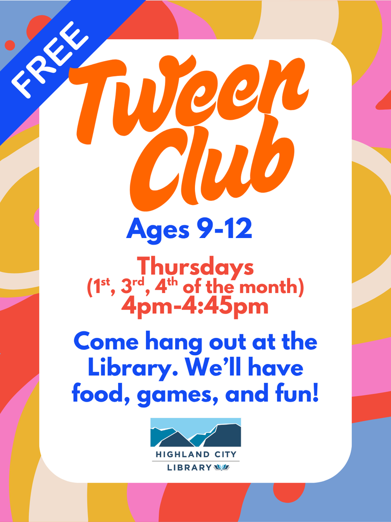 Colorful background and info for the library tween club