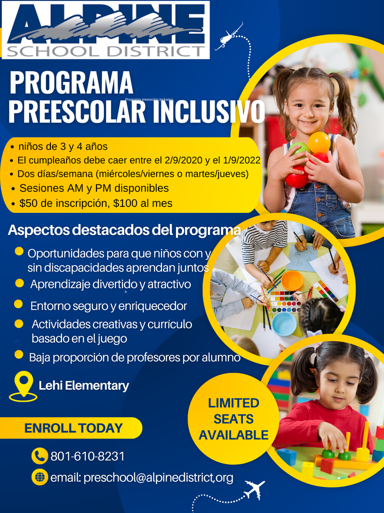 A flyer in spanish talking about the benefits of an inclusive preschool program. With questions call (801) 610 8231 