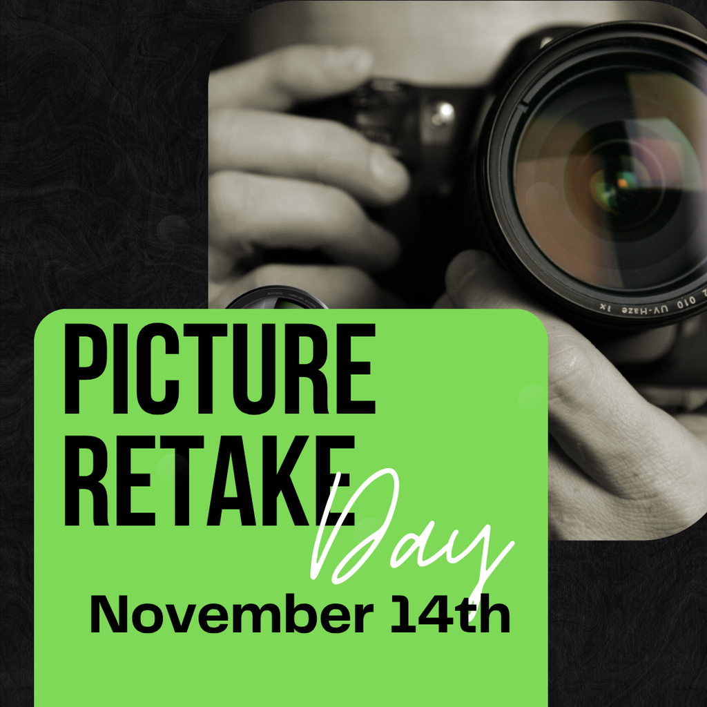 camera background and green square with info for picture retake day