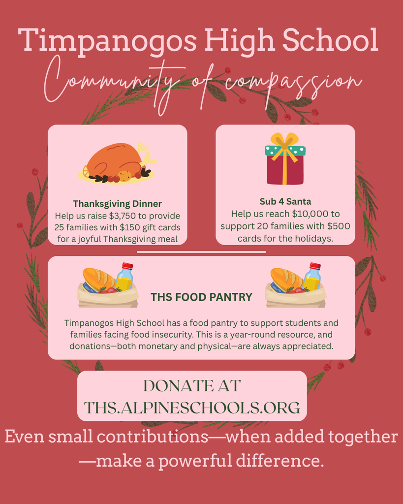 A festive holiday-themed flyer titled Timpanogos High School: Community of Compassion. It highlights three donation drives: a Thanksgiving Dinner goal of $3,750 for 25 families, a Sub 4 Santa goal of $10,000 for 20 families, and the THS Food Pantry supporting students year-round. Decorative greenery frames the design with a turkey, gift box, and food basket illustrations, and a message at the bottom reads “Donate at ths.alpineschools.org — Even small contributions make a powerful difference."