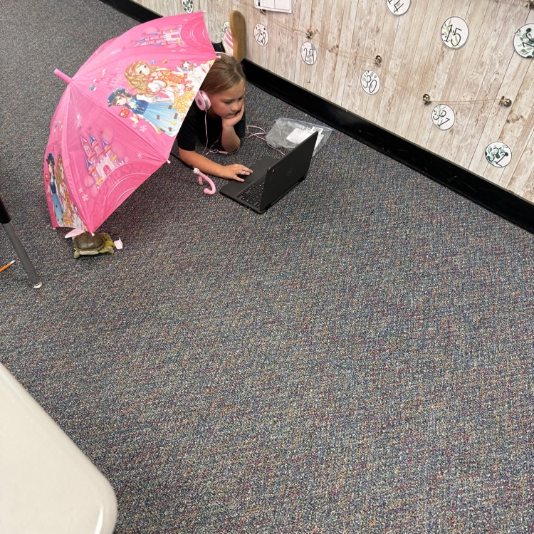 student on ground with umbrella and laptop
