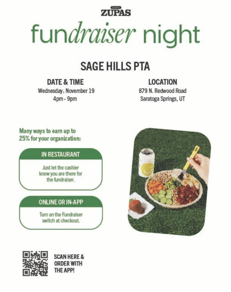 Information about Spirit Night at Zupas on Wednesday, November 19th.