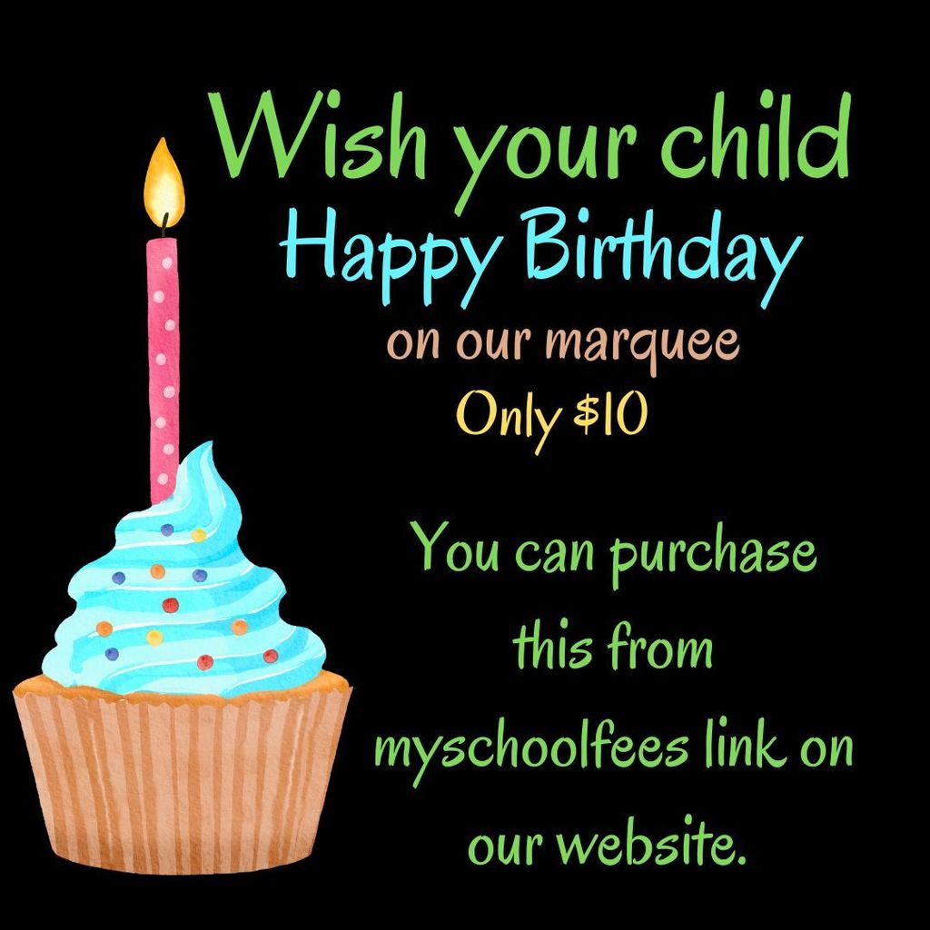 Black background, cupcake, and details about birthday messages on the marquee