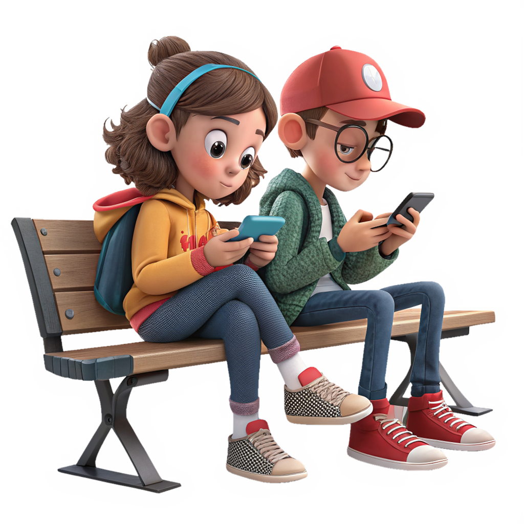 Teen's sitting on a bench using cell phones instead of talking to each other.