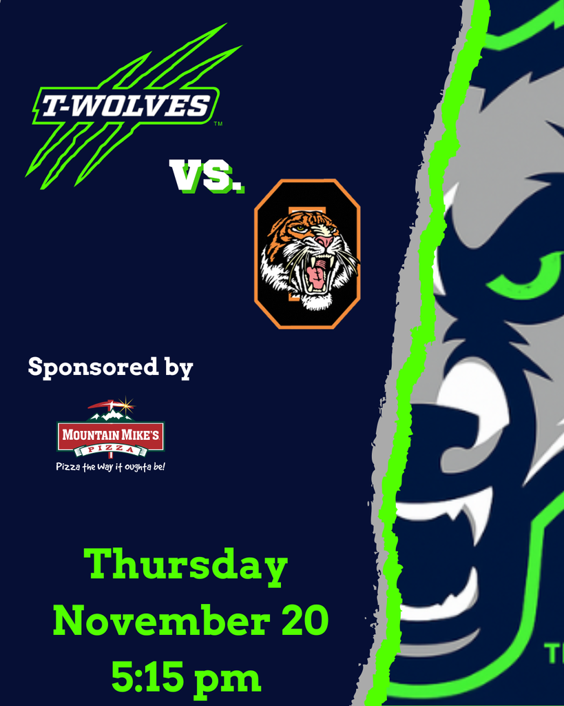 Graphic featuring the Timpanogos T-Wolves logo versus the Ogden Tigers logo on a navy background, with Mountain Mike’s Pizza shown as the athletics sponsor. Text lists Thursday, November 20 at 5:15 pm.