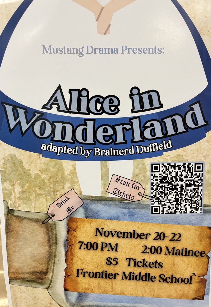 Picture advertising the school play with water color green trees on the background and tickets and QR code inthe foreground. 