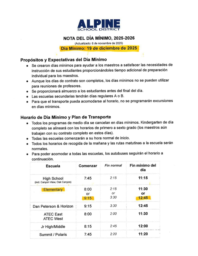 memo with information and time schedule in Spanish
