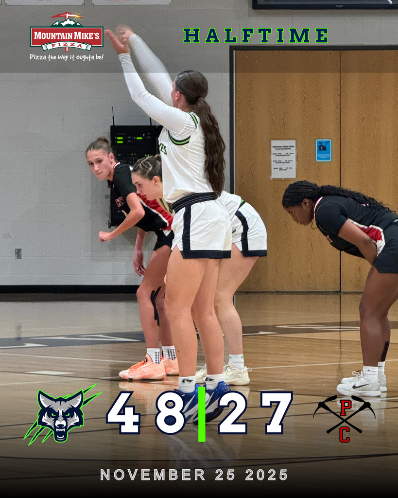 A girls basketball game at Timpanogos High School. A Timpanogos player in a white uniform is shooting a free throw, with two teammates and two opposing players lined up along the lane. The scoreboard graphic shows “HALFTIME” with Timpanogos leading 48 to 27, along with the T-Wolf logo on the left and the opponent’s pickaxe logo on the right. The Mountain Mike’s Pizza logo appears at the top left, and the date reads November 25, 2025.