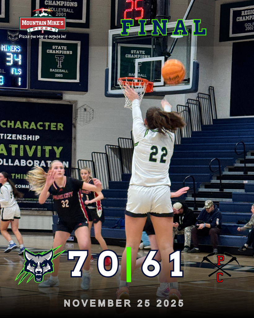A girls basketball game at Timpanogos High School. A Timpanogos player wearing a white uniform with number 22 jumps to shoot a layup while a defender from the opposing team watches. The graphic reads “FINAL” at the top with the T-Wolf logo next to the score showing Timpanogos winning 70 to 61, and the opponent’s crossed pickaxe logo on the right. The Mountain Mike’s Pizza logo is at the top left, and the date displayed is November 25, 2025.
