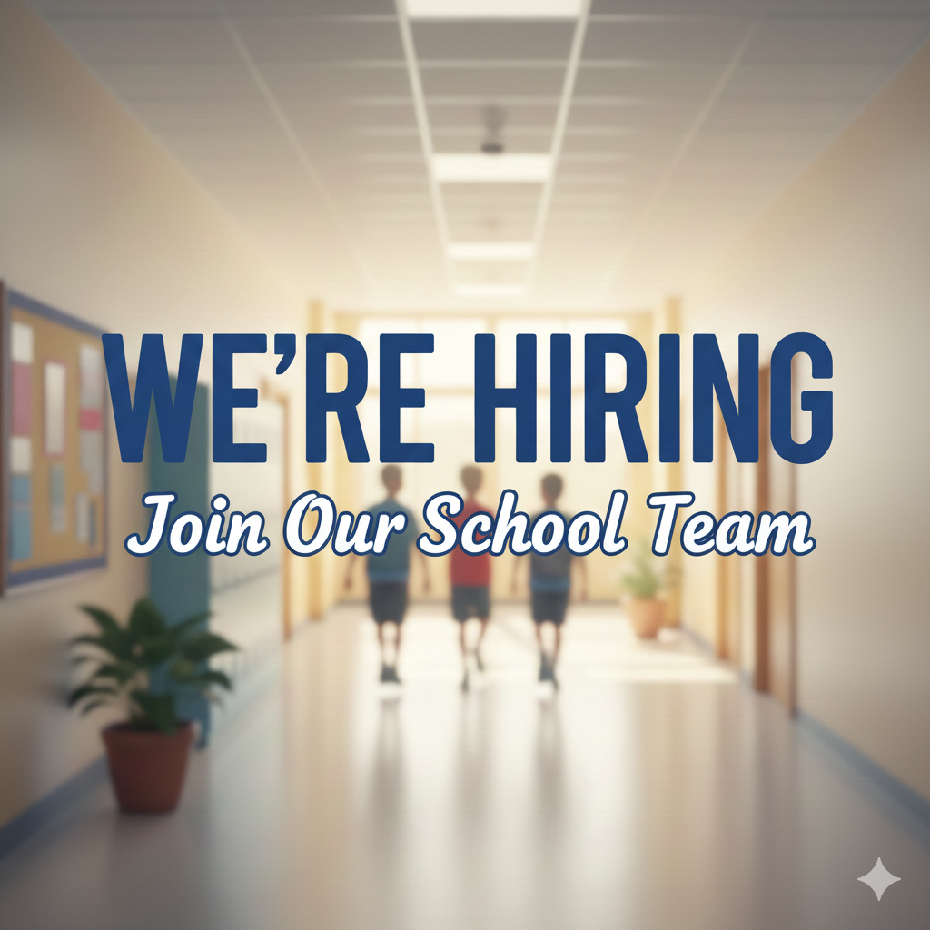 Image of a school hallway with a text overlay that reads "We're Hiring - Join Our School Team."