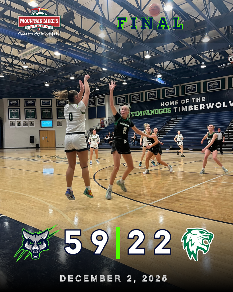 A photo of a Timpanogos High School girls basketball player shooting a jump shot in the gym, with a South Summit defender contesting. The graphic overlay shows “FINAL” and the score Timpanogos 59, South Summit 22, dated December 2, 2025, with team logos and a Mountain Mike’s Pizza sponsor logo at the top.