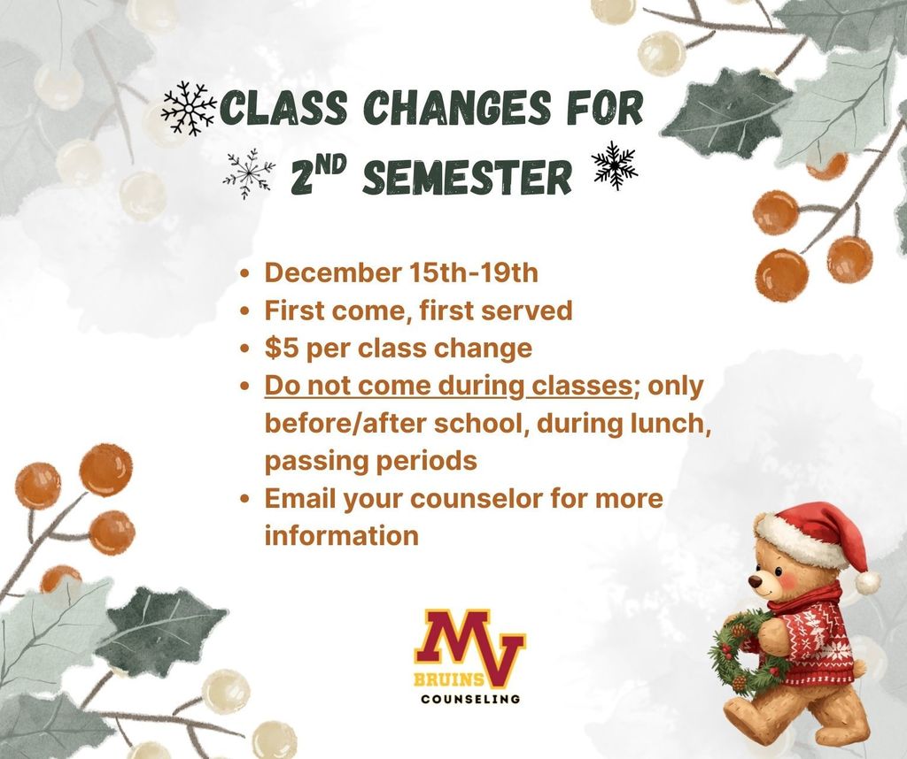 Class Changes for Second Semester  December 15-19 First Come, First Served $5 Fee for class change DO NOT come during class: only during lunch, before school, after school, and passing periods. 