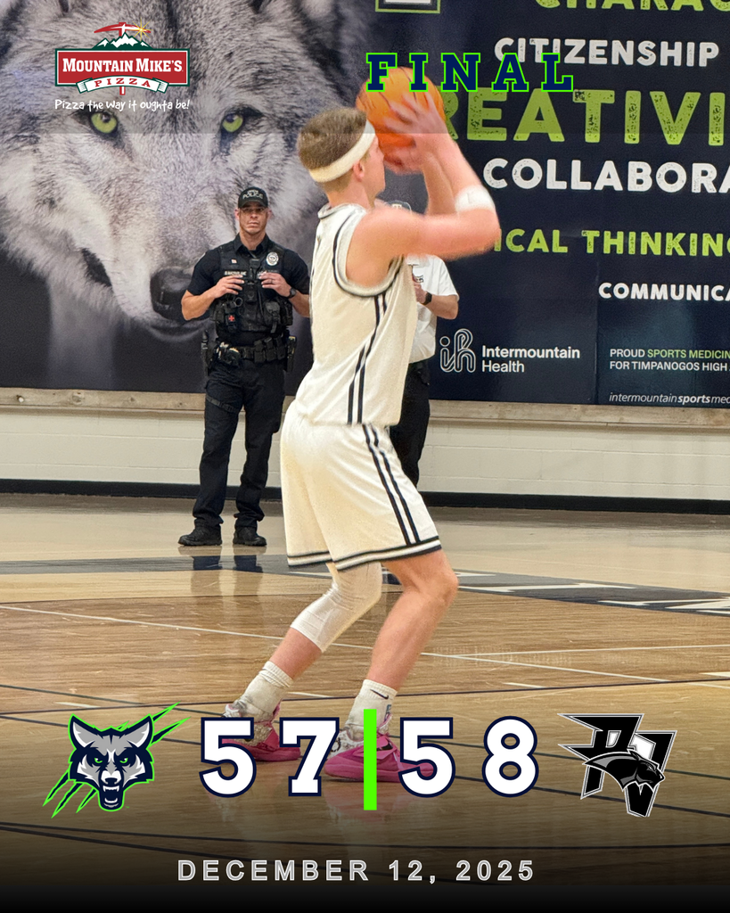 A Timpanogos High School boys basketball player in a white T-Wolves uniform rises into a jump shot on the home court. A large wolf mural and sponsor logos are visible on the wall behind him. Overlaid graphics show the final score, 58–57, with Pine View winning on a buzzer beater, and the date December 12, 2025.