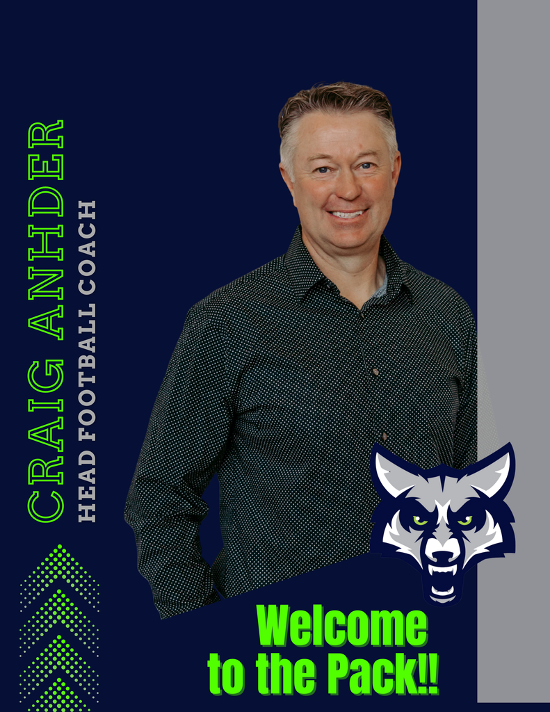 A graphic introducing Craig Anhder as the head football coach at Timpanogos High School. Coach Anhder is pictured smiling against a navy background, with text reading “Craig Anhder – Head Football Coach” and “Welcome to the Pack,” alongside a wolf mascot logo.