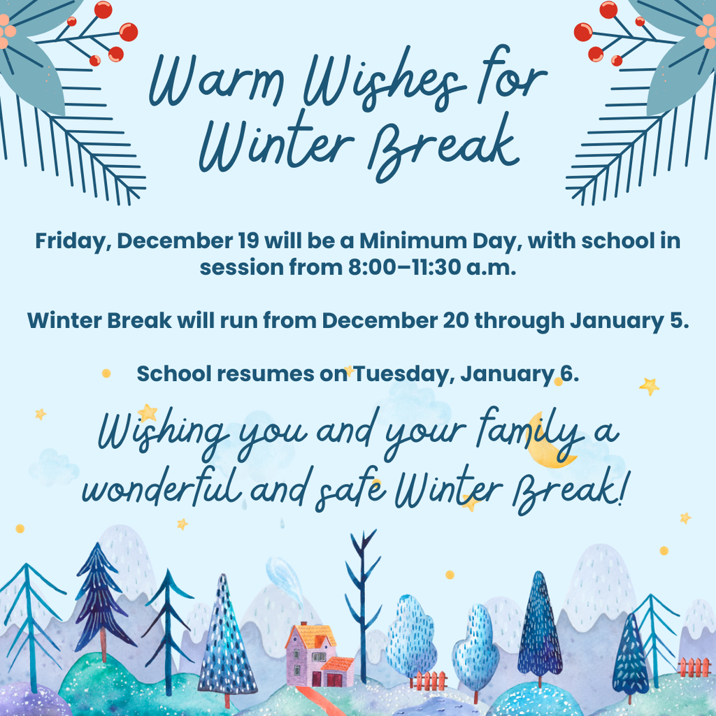 Scenery of a winter scene with text that states dates for school