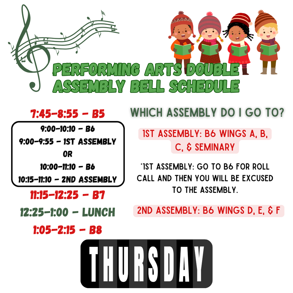 Performing arts assembly bell schedule with cartoon singers.