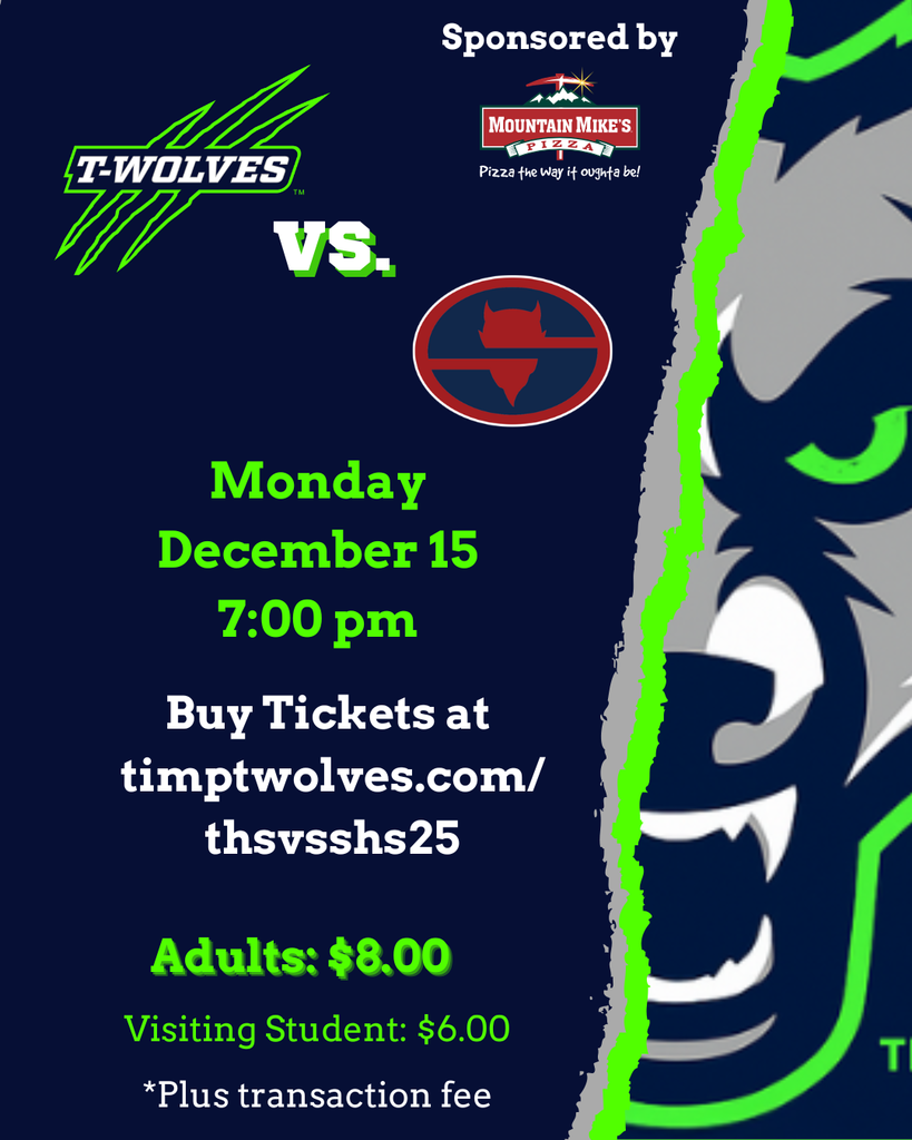Game promotion graphic for Timpanogos High School boys basketball versus Springville, sponsored by Mountain Mike’s Pizza. The graphic highlights a home game in The Den, Monday, December 15 at 7:00 pm, includes ticket pricing, and emphasizes that THS students receive free admission with a valid student ID. Navy and neon green school colors with a large wolf graphic are featured.