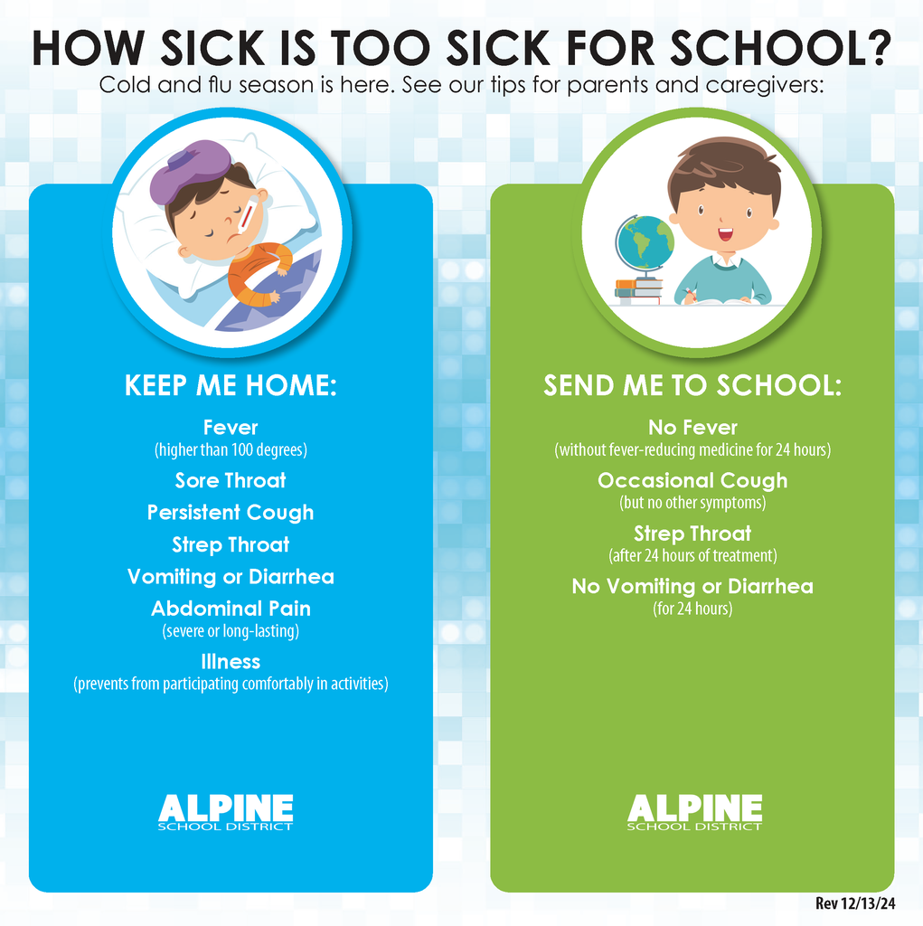 picture of child sick in bed, and picture of healthy child at school