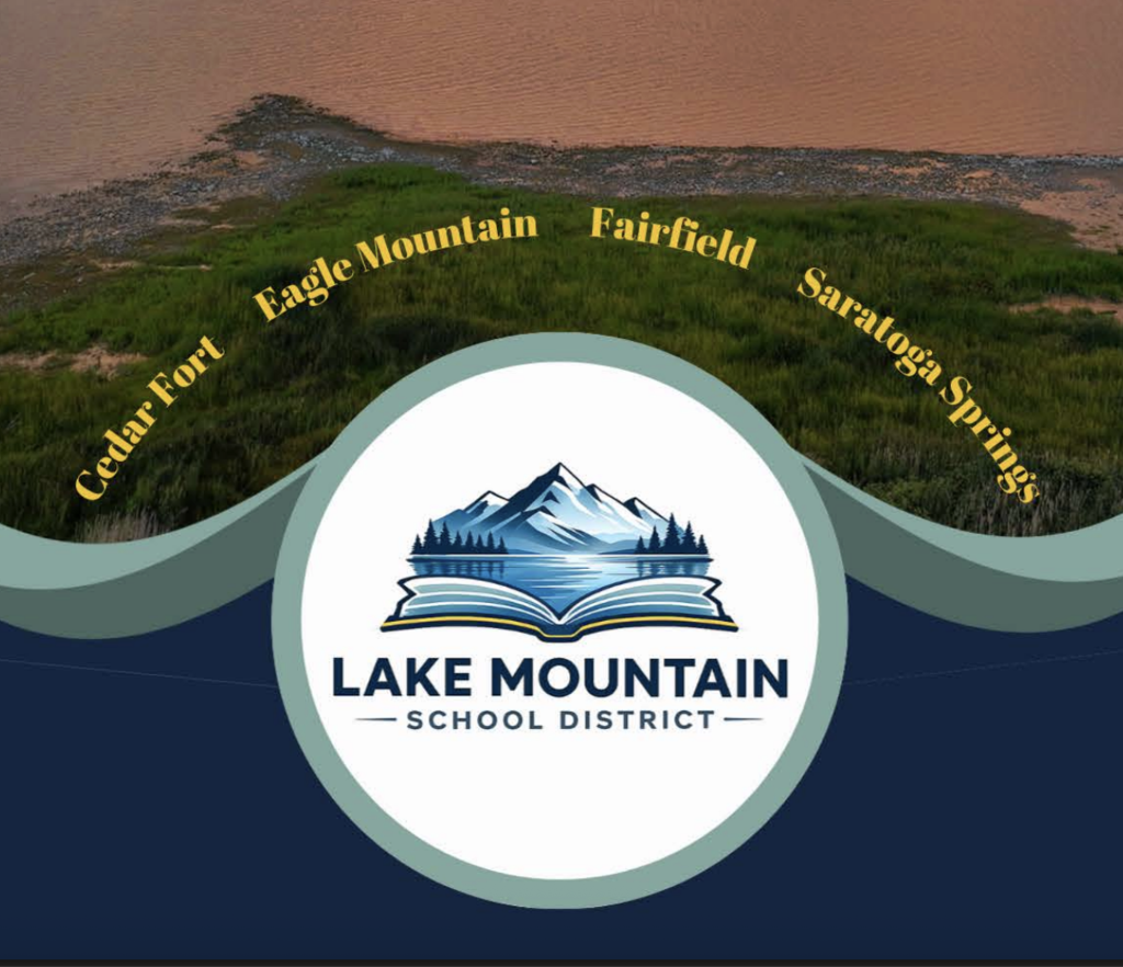 logo with a mountain, lake, book, and the words "Lake Mountain School District"