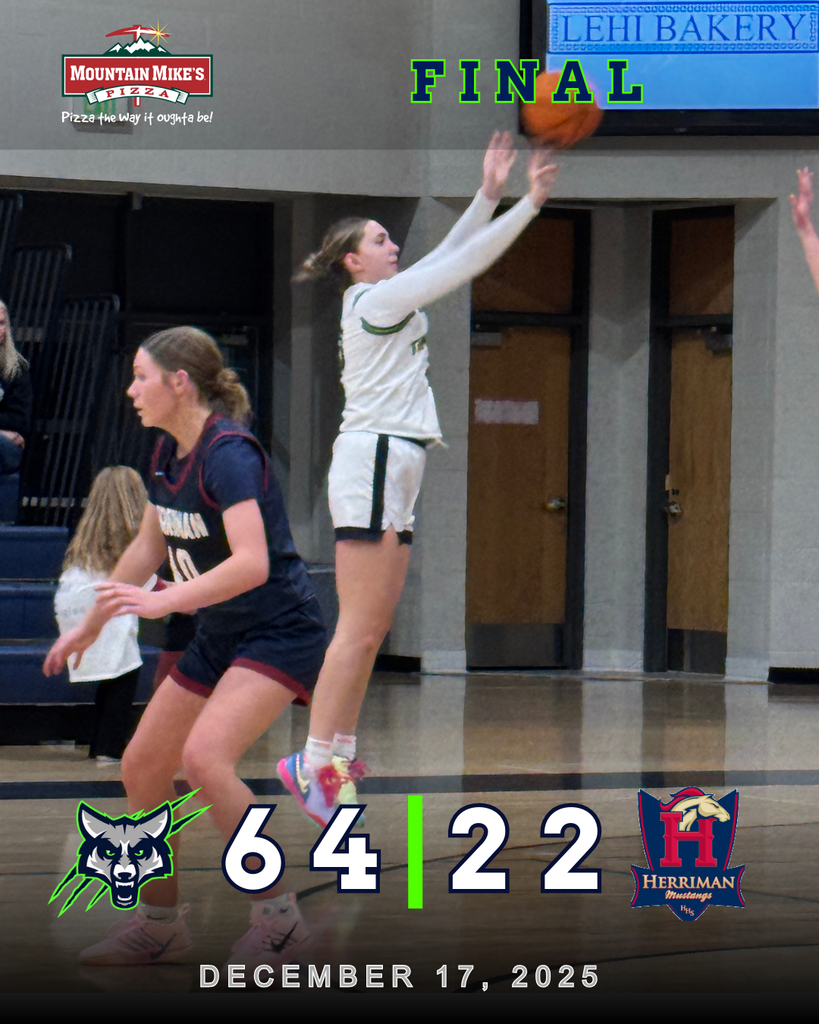 A Timpanogos girls basketball player in a white uniform jumps to shoot the ball during a home game. The final score graphic shows Timpanogos defeating Herriman 64–22, dated December 17, 2025, with school logos displayed for both teams.