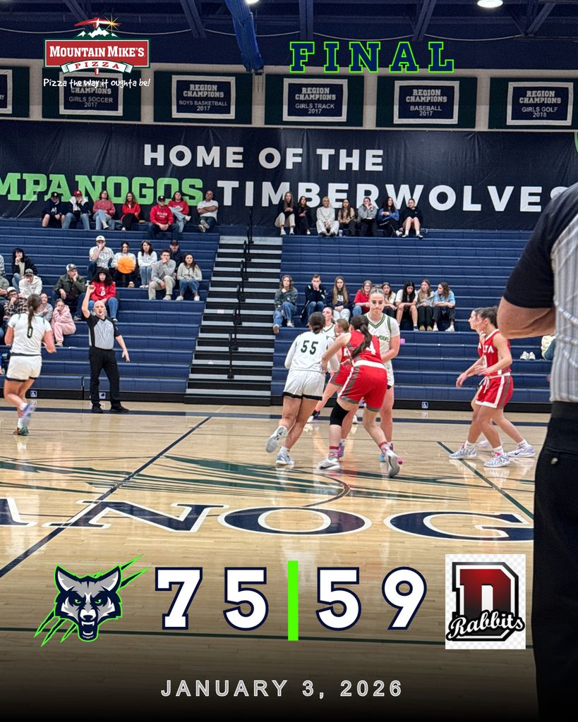 Girls basketball game action on the home court at Timpanogos High School, with players competing near midcourt as fans watch from the bleachers. A graphic overlay reads “Final” and shows the T-Wolves defeating the Rabbits 75–59, dated January 3, 2026, with Mountain Mike’s Pizza displayed as a sponsor.