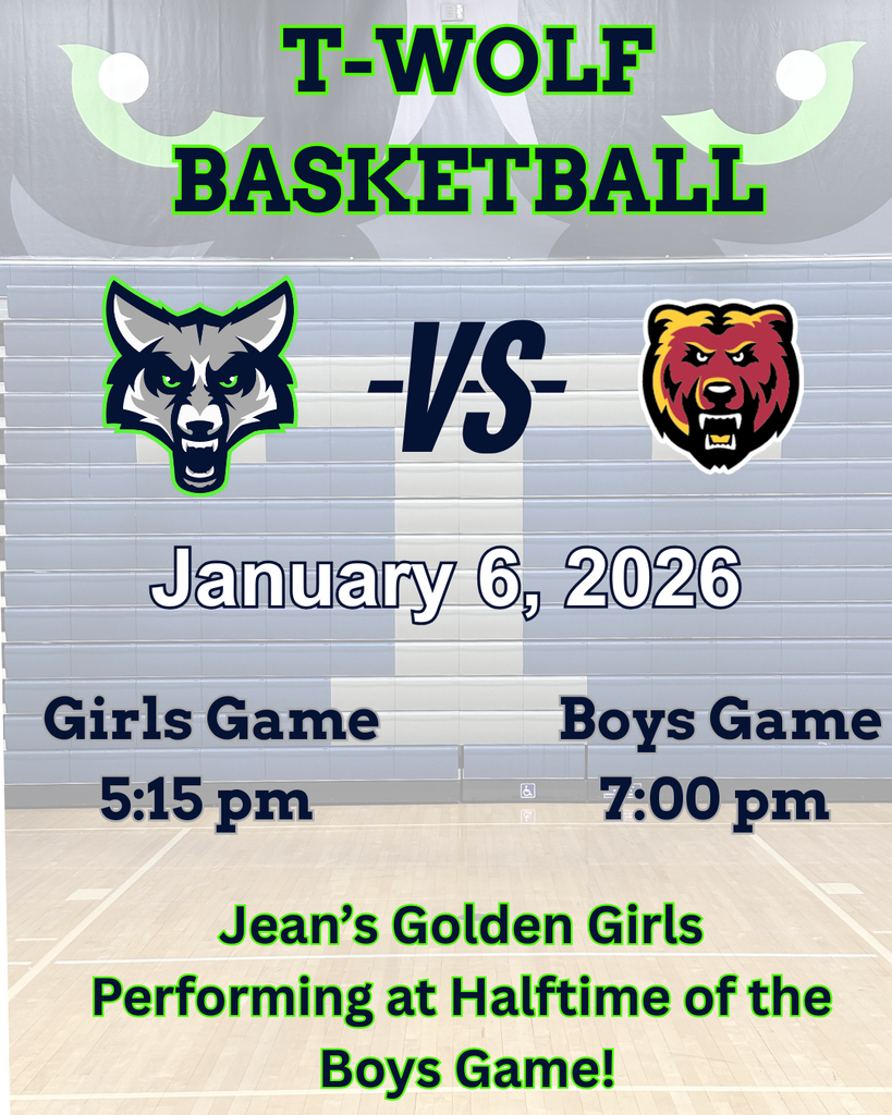 Promotional graphic for Timpanogos High School basketball showing a T-Wolf logo versus a Mountain View bear logo. Text reads “T-Wolf Basketball,” January 6, 2026. Girls game tips off at 5:15 PM, boys game at 7:00 PM. Additional text notes Jean’s Golden Girls performing at halftime of the boys game. Background shows The Den gym bleachers and basketball court.