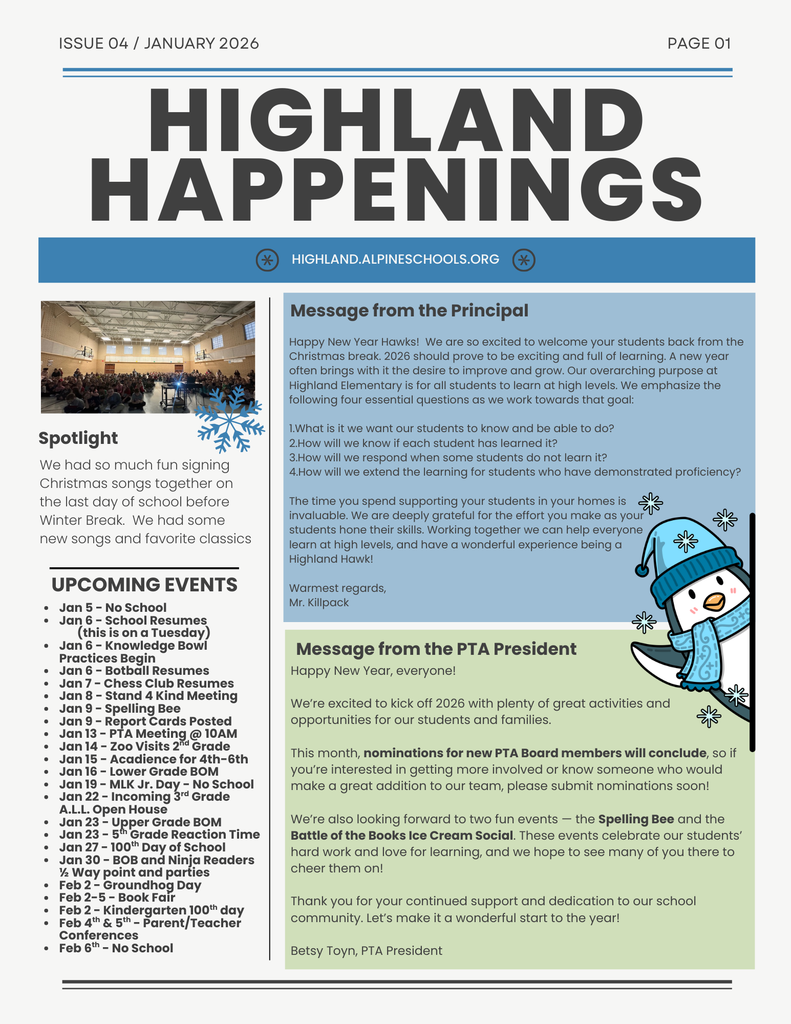 Highland Happenings (Monthly Newsletter) page 1
