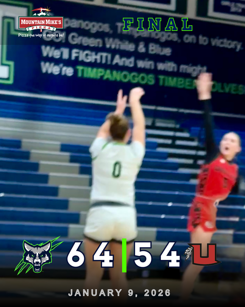 A Timpanogos girls basketball player in a white uniform elevates to shoot a jumper as a Uintah defender contests. A graphic overlay shows “FINAL” with the score Timpanogos 64, Uintah 54, dated January 9, 2026, along with the T-Wolf logo and Mountain Mike’s Pizza branding.