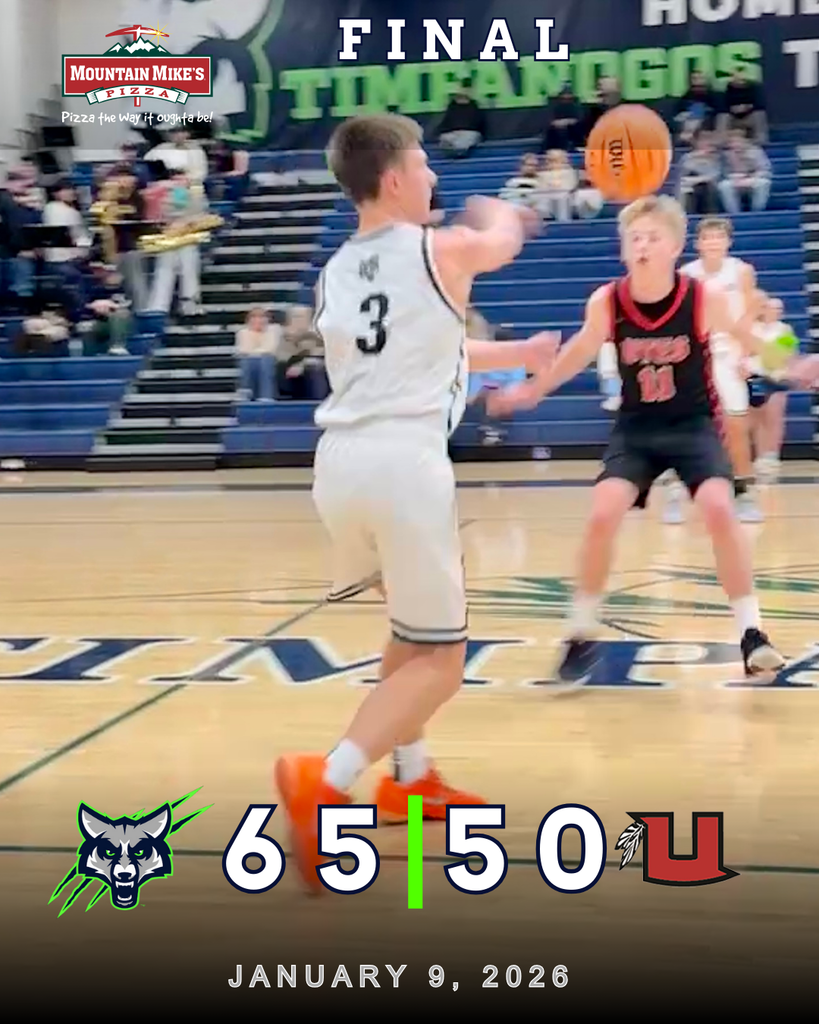 A Timpanogos boys basketball player in a white uniform (#3) fires a pass near midcourt as a Uintah defender closes in. The gym bleachers and student band are visible in the background. A graphic overlay reads “FINAL” with the score Timpanogos 65, Uintah 50, dated January 9, 2026, alongside the T-Wolf logo and Mountain Mike’s Pizza branding.