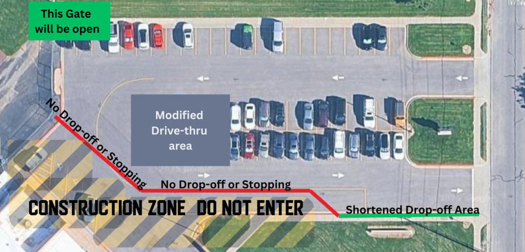 Parking lot with highlighted construction areas off limits