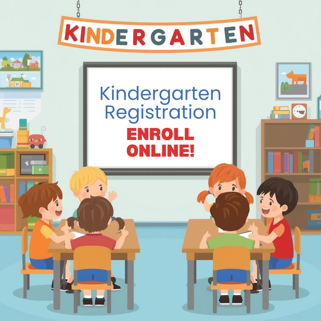 AI image of a kindergarten classroom with children sitting at tables and smiling. There are colorful circles under the text that says, "register online"