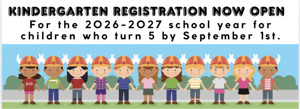 blue background with children wearing viking hats holding hands