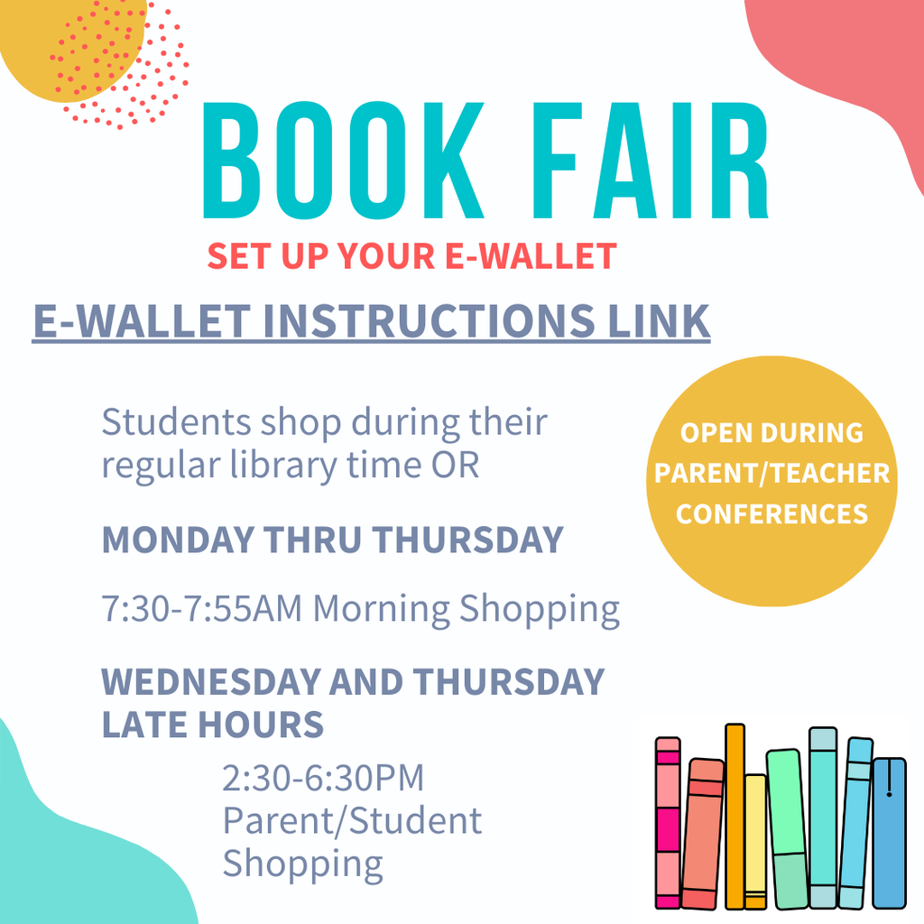 Book Fair information with books and colorful dots 