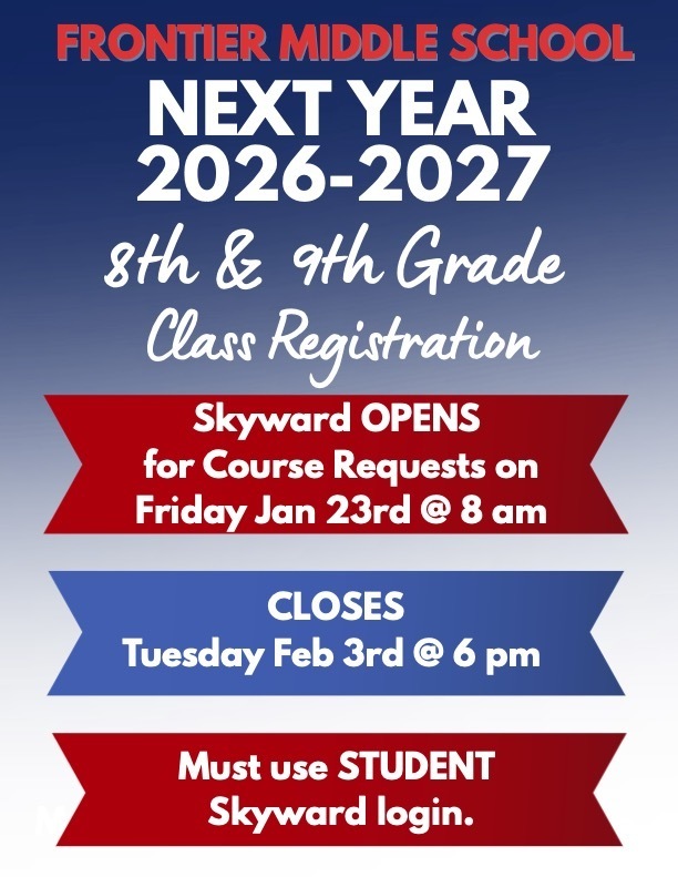 Class registration announcement with words and three banners that are red and blue
