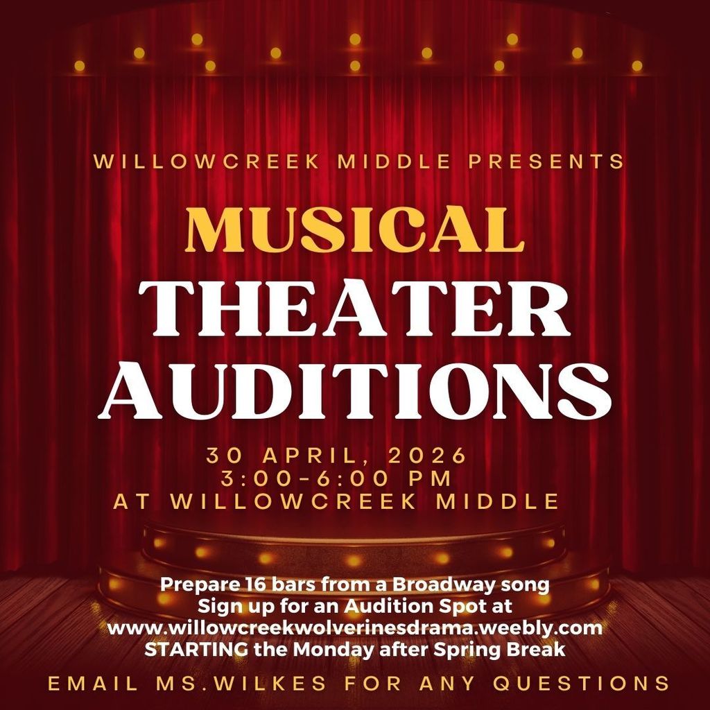A Stage with the message, Musical Theater Auditions April 30, 2026