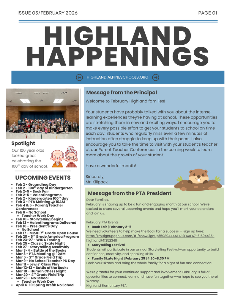 Highland logo, pictures and text Highland Happenings newsletter page 1