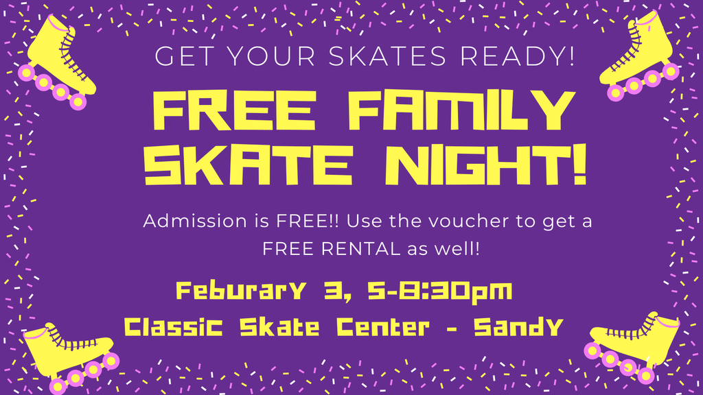 pictures of roller skates on flyer announcing a family skate night