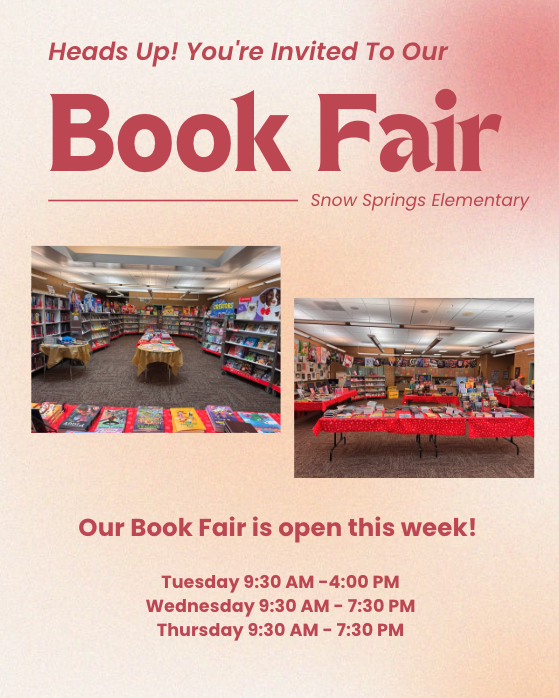 Background color is red in the upper right corner fading to cream as it goes to the lower left corner. Text is red. Two pictures of our book fair are in the center. 