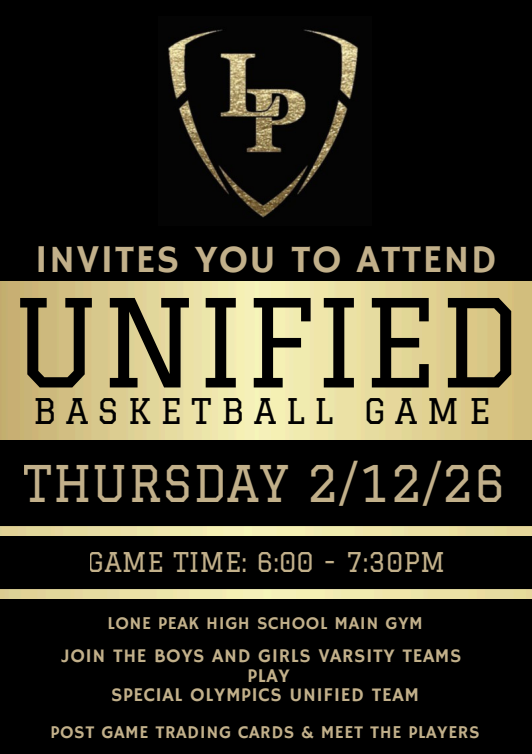 Gold and black background 2/12/26 Unified basketball game at Lone Peak